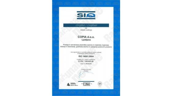 COPIA pridobila okoljevarstveni certifikat ISO14001