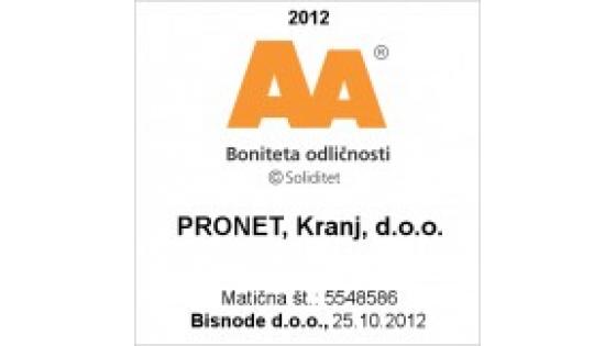 PRONET Kranj prejel certifikat bonitetne odličnosti AA