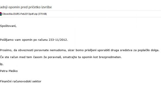 Primer elektronskega sporočila, ki je delo slovenskih kiberkriminalcev.