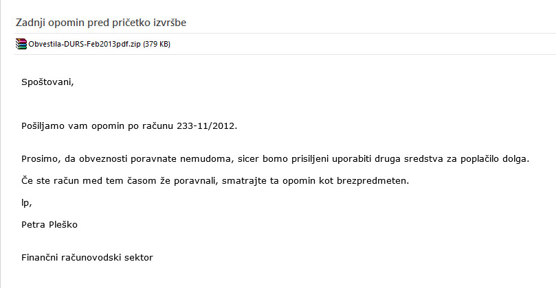 Primer elektronskega sporočila, ki je delo slovenskih kiberkriminalcev.
