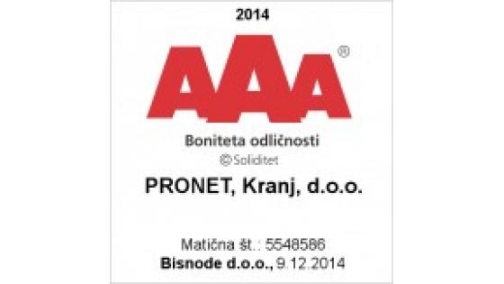 PRONET Kranj med 1,6% pravnih subjektov v Sloveniji z bonitetno oceno AAA