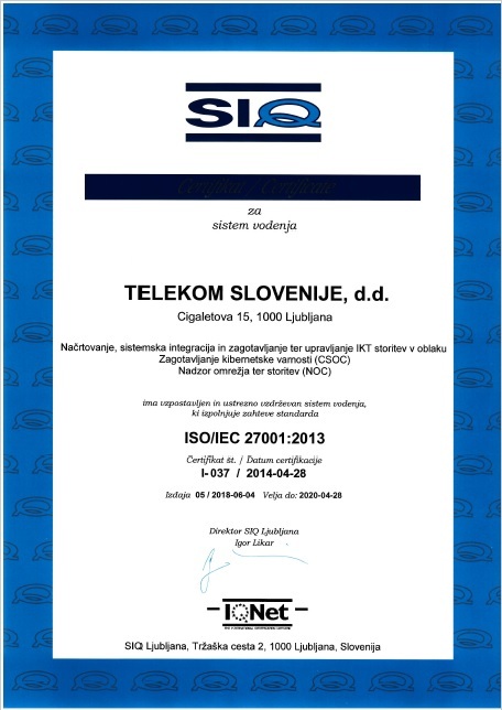 Telekom Slovenije je mednarodni certifikat ISO 27001, ki predstavlja standard za kakovosten in varen sistem vodenja varovanja informacij, sedaj razširil tudi na področja zagotavljanja kibernetske varnosti ter nadzora omrežja in storitev.