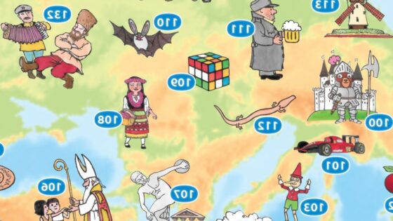 Otroška stenska karta Medved Lovro raziskuje Svet z ilustracijami Marjana Mančka.