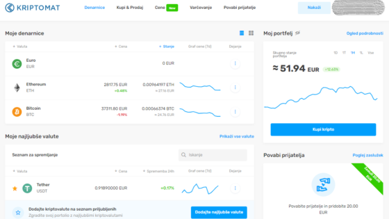 Naša bilanca na platformi Kriptomat nekaj tednov po tem, ko smo vložili 50 €, od tega 25 € v Bitcoin in 25 € v Ethereum.