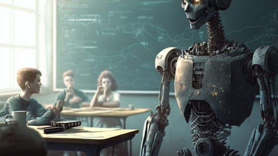 È così che un’altra intelligenza artificiale, Midjourney, ha immaginato l’aula del futuro.
