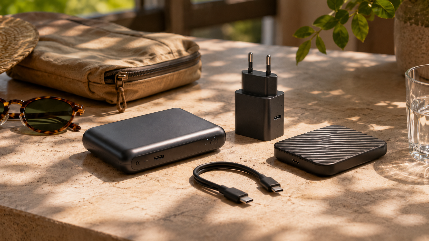 Powerbank, USB-C kabel, EU polnilec in zunanji SSD kot praktičen poletni tehnološki komplet.