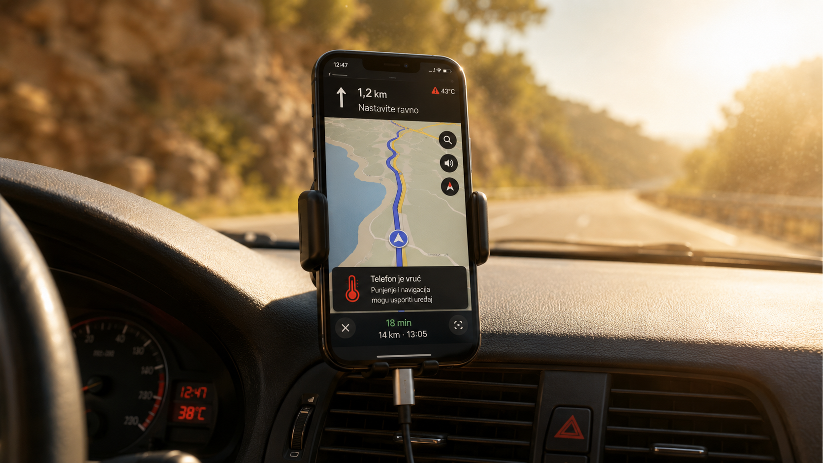 Telefon v avtomobilu med navigacijo in polnjenjem na soncu z opozorilom na segrevanje.
